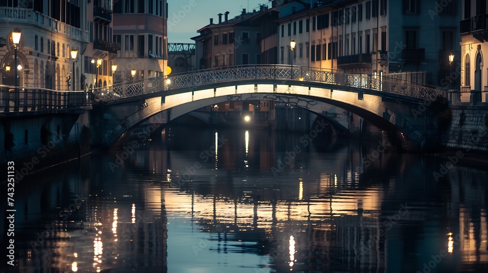 Bridge across the Naviglio Grande canal at the evening in Milan Italy : Generative AI