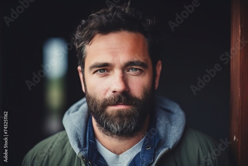 Portrait of handsome bearded man in casual clothes looking at camera.