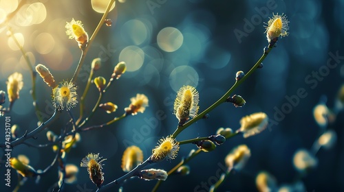Flowering willow branches glow in sunlight outdoors in spring on dark background closeup macro Atmospheric artistic image with beautiful bokeh : Generative AI