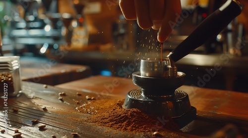 Closeup of hand Barista cafe making coffee with manual presses ground coffee using tamper at the coffee shop : Generative AI photo