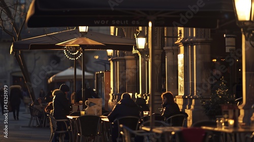 Street restaurants at Placa Reial in winter evening Barcelona : Generative AI