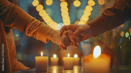 Romantic Date Concept Selective focus on young loving couple holding hands spending time together at home or cafe having dinner during date night candles and food in blurred background : Generative AI