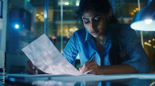 Confident millennial indian female business analyst financial advisor preparing statistic report studying documents on work desk browsing information online using pc writing out notes : Generative AI