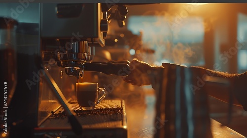 Barista making coffee in cafe closeup Banner for design : Generative AI