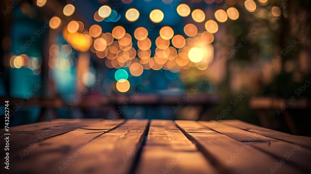 background Image of wooden table in front of street abstract blurred lights view : Generative AI - obrazy, fototapety, plakaty 