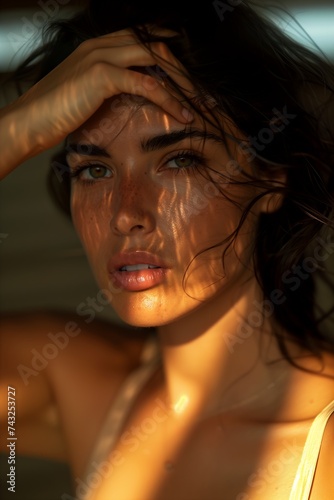 Wallpaper Mural woman long hair white top posing wet skin magic hour lighting young clear bronze face mask full lips sunburn Torontodigital.ca