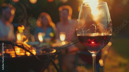 Happy family having barbecue party in backyard Young friends celebrating at dinner drinking red wine at sunset Focus on wine glass : Generative AI