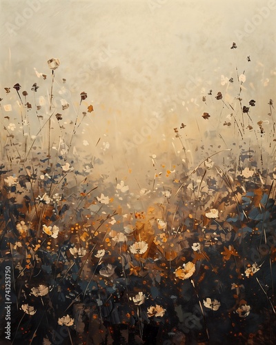 field flowers sun setting background gold silver tones furry haunting brush strokes gloomy