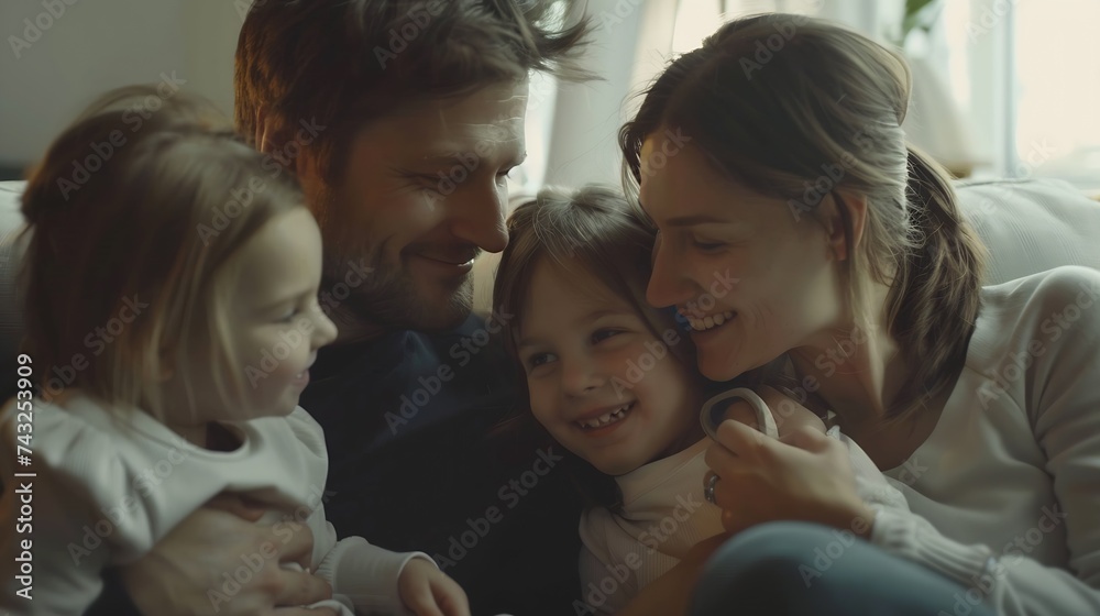 Happy young mother and father with two little daughters sitting on couch looking at each other family enjoying tender moment smiling parents and preschool children having fun together : Generative AI