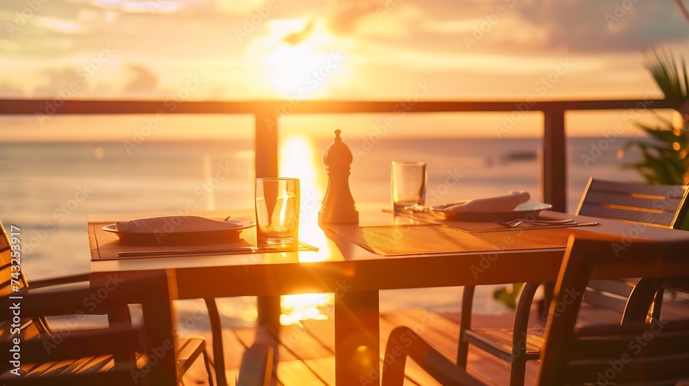 Sea sunset in modern luxury restaurant with terrace Outdoor restaurant at the beach with pair of chair Table setting at tropical beach restaurant Elegant hotel or resort restaurant : Generative AI