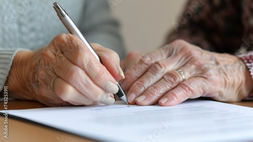 Commercial medicine Close up of aged woman patient hand signing medical insurance contract at doctor office Female medic show retired lady client place to put signature on healthcare c : Generative AI