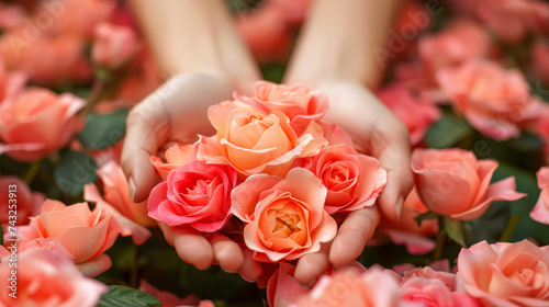 Human hands cradle a collection of peach roses in full bloom, a symbol of care and natural beauty. © thanakrit