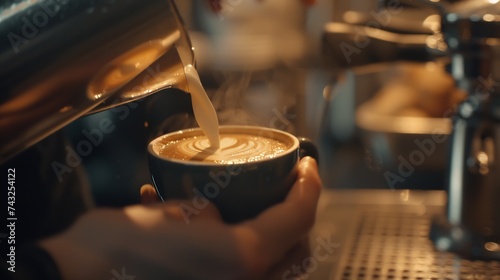 Close up barista hands pouring milk in coffee cupmaking latte art : Generative AI
