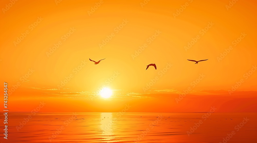 Fiery orange sunset Dramatic golden sky at the sunset background with Seagulls flying over the sea : Generative AI