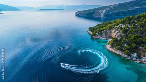 Aerial photography of a boat creating circle with wake in the Ionan sea close to Ithaca island in Greece : Generative AI photo