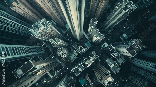 Moody aerial view of downtown buildings in business disctrict in Hong Kong China : Generative AI photo