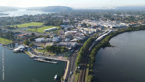 Aerial drone reverse rotating view of Woy Woy on the Central Coast of New South Wales  Australia 