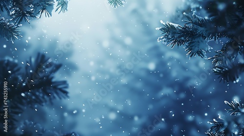 Blue winter christmas nature background banner format Snowcovered fir branches against defocused blurred forest and falling snow Closeup copy of space : Generative AI