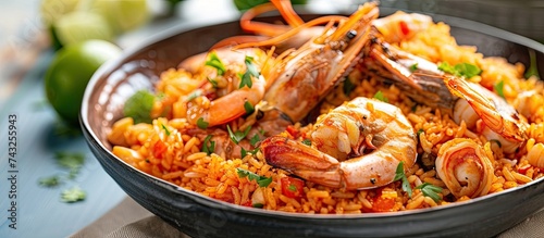A bowl filled with steamed white rice topped with plump shrimp and sliced carrots, creating a colorful and delicious seafood dish. The vibrant colors of the ingredients pop against the bright backdrop