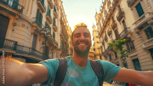 Handsome man taking selfie in Barcelona city Spain Happy tourist having fun walking outside on summer vacation Travel holidays and European landmarks concept : Generative AI photo