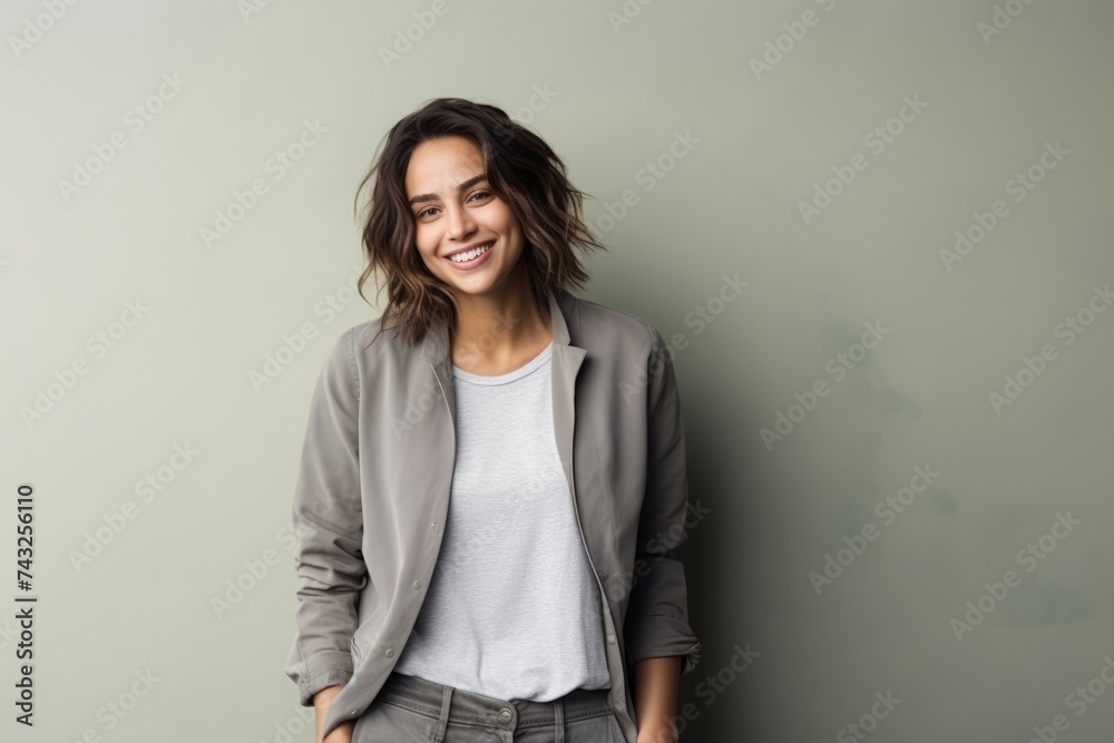 Portrait of a happy young woman standing with hands in pockets against grey background Portrait of a happy young woman standing with hands in pockets against grey background