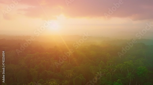 Aerial panoramic view of hazy sunset over lush primary forest in Halmahera Indonesia : Generative AI