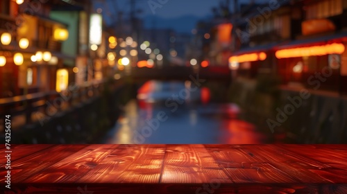 Empty mahogany red wood table surface for place product Blur background of Pontocho district view bar and restaurant riverside in night time KyotoJapan : Generative AI photo