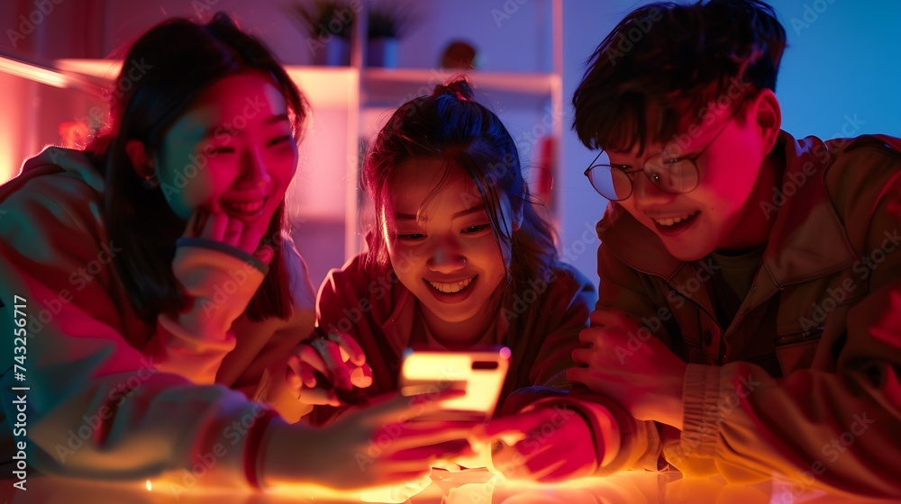 Three excited students checking exam grades online in a smart phone : Generative AI