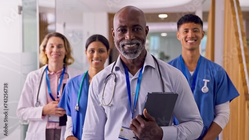 Camera tracks across multi-cultural medical team in modern hospital corridor smiling into camera - shot in slow motion photo