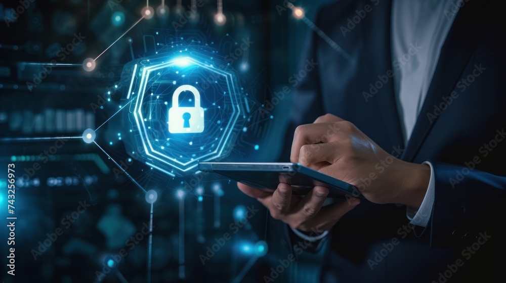 Internet security. Users use laptop login with biometric identification, cyber technology and network systems Internet security. Users use laptop login with biometric identification, cyber technology and network systems