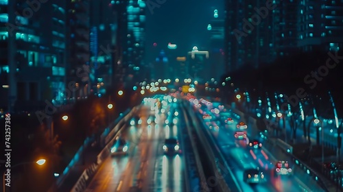 Blurred footage of transport Blur of city lights along the road light out of focus at night Night city traffic beautiful background : Generative AI