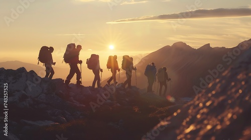 Group of hikers walking on a mountain at sunset : Generative AI