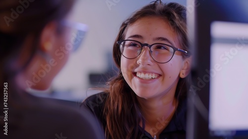 Happy millennial intern student girl talking to teacher consulting tutor mentor at computer in training center discussing new professional skills smiling laughing Business education in : Generative AI