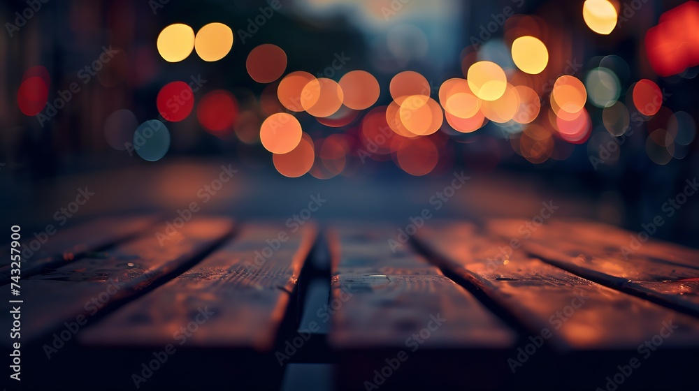 background Image of wooden table in front of street abstract blurred lights view : Generative AI background Image of wooden table in front of street abstract blurred lights view : Generative AI