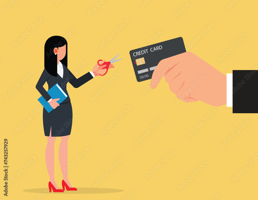 Credit card cutting. Businesswoman using scissors to cut credit card,destruction concept Credit card cutting. Businesswoman using scissors to cut credit card,destruction concept