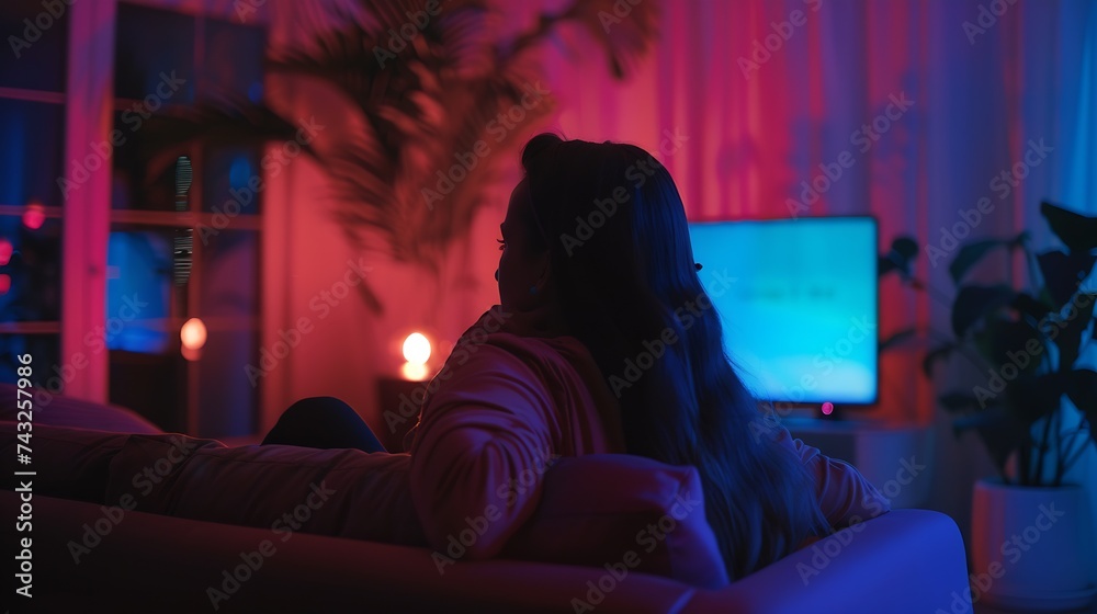 Single woman watching online tv in the night sitting on a couch in the living room at home : Generative AI Single woman watching online tv in the night sitting on a couch in the living room at home : Generative AI