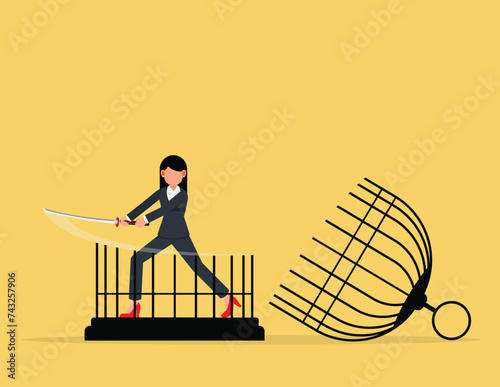 Escape from routine comfort zone. Businesswoman cut the cage with a sword.
