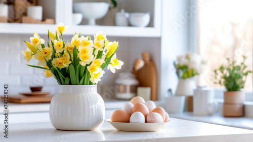 Easter table setting with yellow flowers in a vase and colored Easter eggs in the white Scandinavian-style kitchen background. Beautiful minimalist design for greeting card