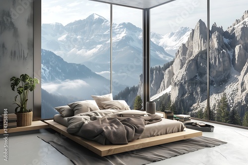 beige interior of a modern bedroom with mountain view window, apartment with landscape view in hotel