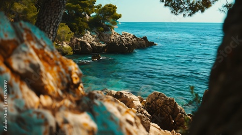 Beautiful image of nature of Mediterranean coast away from resort beaches with big blocks of stones rocks green cedars and turquoisegreen clear water of sea : Generative AI photo