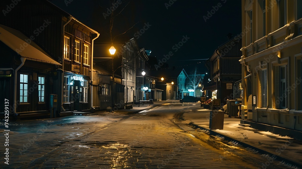 Fototapeta premium Parnu Estonia Night View Of Street With Old Buildings Wooden Houses Restaurants Cafe Hotels And Shops In Winter Evening Night Illuminations Altered starry night sky stars : Generative AI