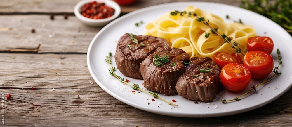 A white plate is filled with beef medallions, noodles, cherry tomatoes, and fresh thyme. The meat and pasta are the main focus, creating a visually appealing dish.