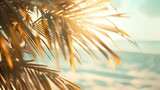 Summer defocused background nature of tropical beach with rays of sun light and leaf palm Golden sand beach sea water and palm leaves against sky Copy space summer vacation concept : Generative AI