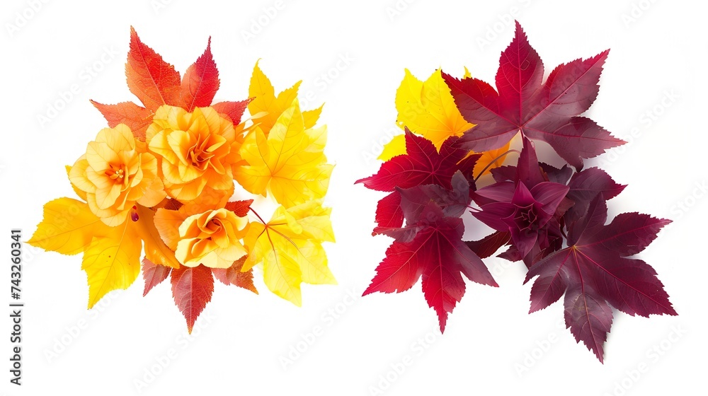 Set of two creative autumn bouquets of natural maple leaves of yellow orange red burgundy flowers isolated on white background : Generative AI