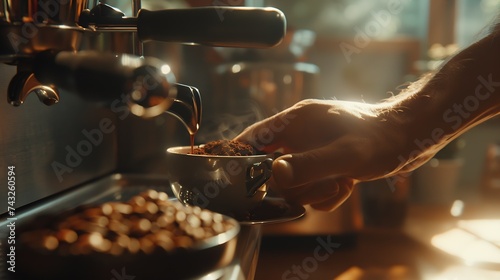 Wallpaper Mural Barista pressing fresh coffee grinds at the coffee shop : Generative AI Torontodigital.ca