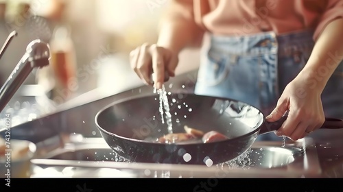 Woman washing dirty frying pan in sink indoors closeup : Generative AI