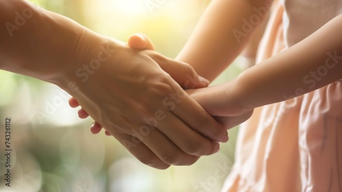 Close up compassionate young foster parent holding hands of little kid girl giving psychological help supporting at home Sincere different generations family sharing secrets or making  : Generative AI