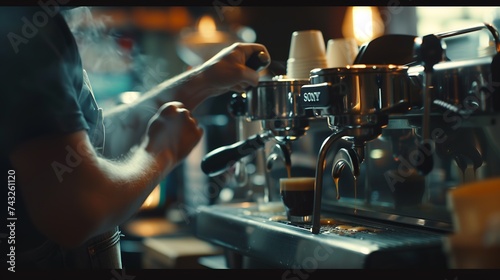 Barista making coffee in cafe closeup Banner for design : Generative AI