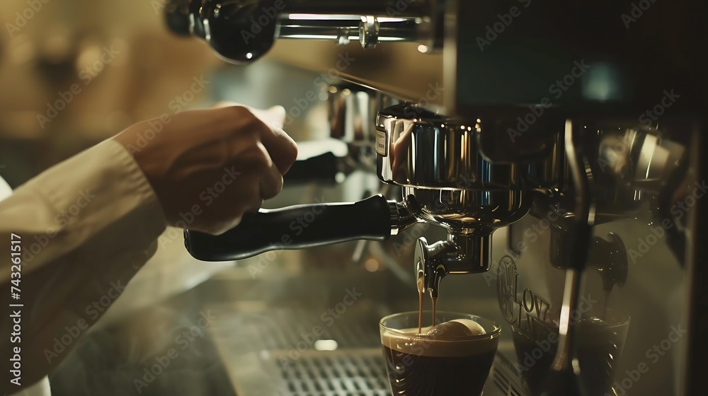 Close up barista hands making coffee by machine in coffee cafe Its coffeemakers are cooking appliances used to coffee Making Coffee Preparation Service Concept : Generative AI