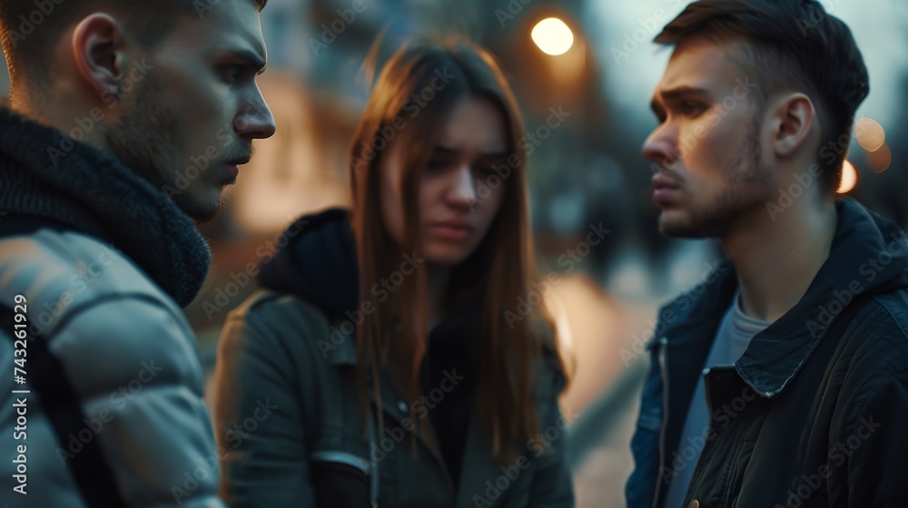 Disloyal woman looking another man and her angry boyfriend looking at her on the street : Generative AI Disloyal woman looking another man and her angry boyfriend looking at her on the street : Generative AI